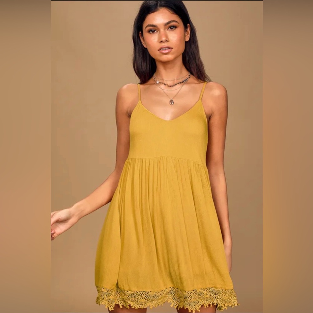 NWOT*Lulus Rhiannon Mustard Yellow Lace Babydoll Dress S